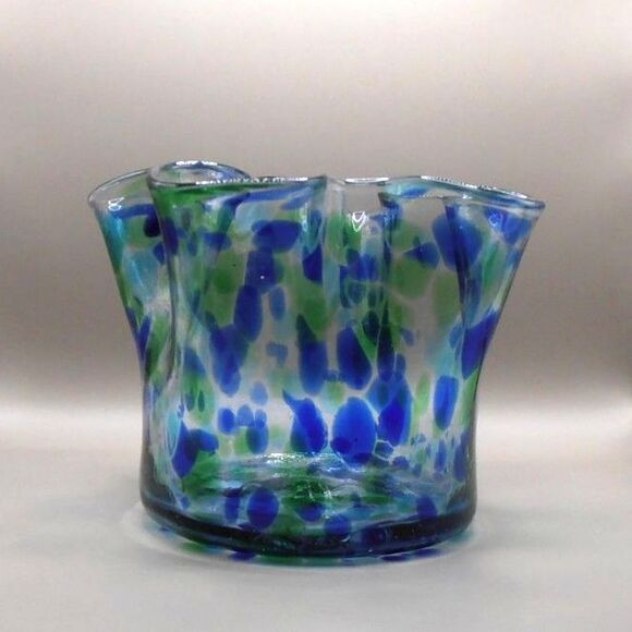 Hand Blown Art Glass Ruffle Rim Bowl – Blue & Green – Made in Mexico – 3.5” Tall - Picture 1 of 4